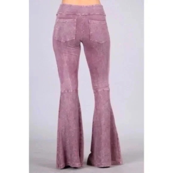 Pants - Dusty Rose Mineral Wash French Terry Flared Bell Bottom Pull On Pants w/ Pockets